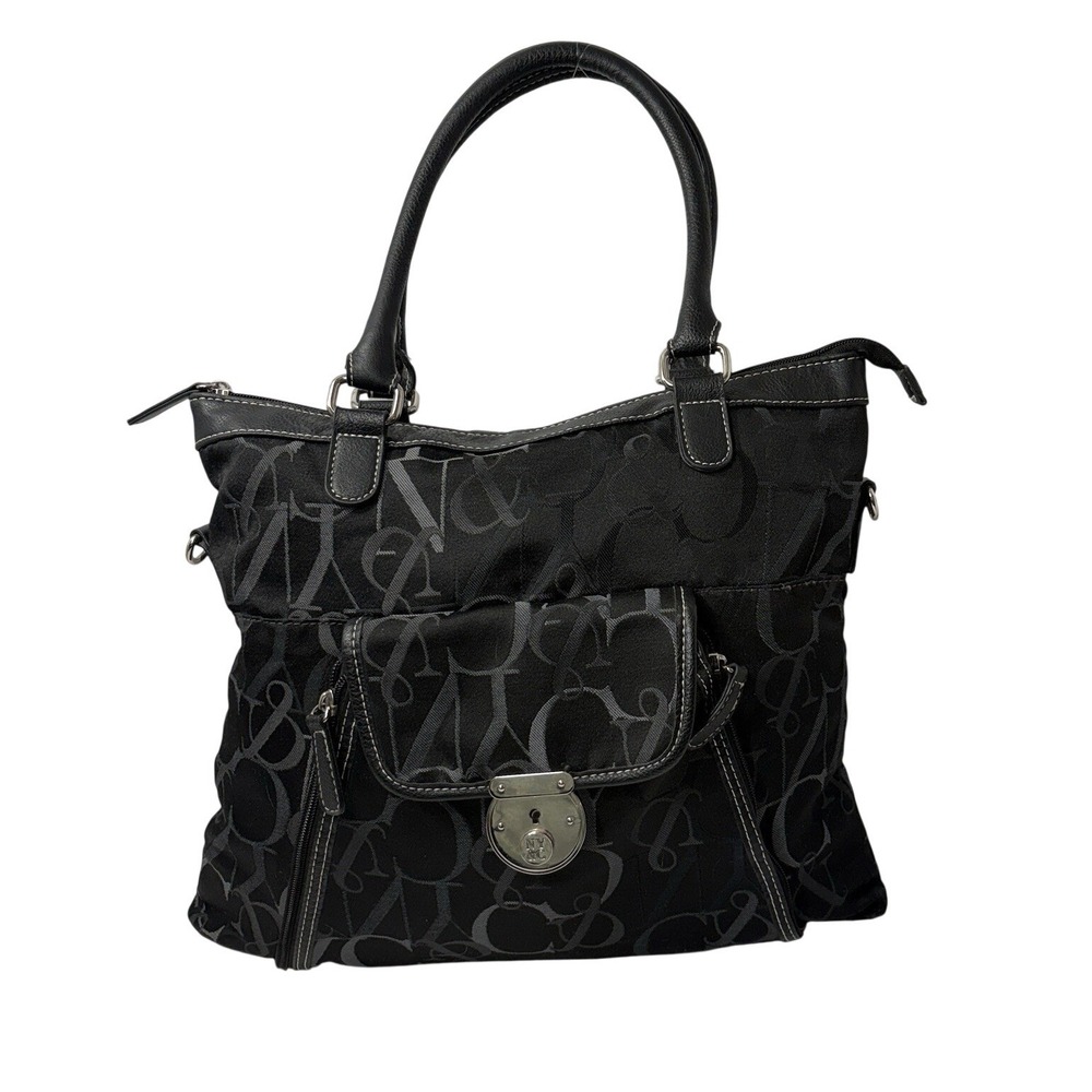 NY‎ & Co Black Logo Jacquard Shoulder Bag Large Work Tote Silver Hardware Purse